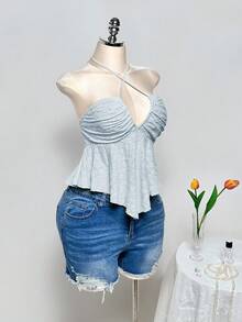 SHEIN ICON Plus Size Criss-Cross Halter Backless Jacquard Yellow Crop Top, Suitable For Summer, Vacation, Y2K - Baby Blue - View 6