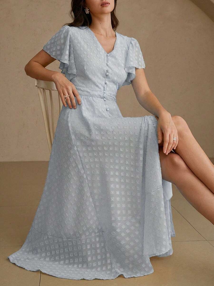 Aveloria Rosie 优雅女士法式奢华亮面提花镂空短袖收腰A字迷你连衣裙 - 藍色 - 查看 1