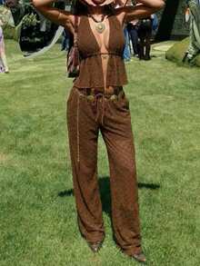 SHEIN EZwear New Summer Music Festival Brown Mesh Halter Top & Pants Set For Women - Coffee Brown - View 8