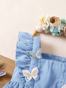 SHEIN 新生女宝宝可爱休闲蝴蝶荷叶边连体衣，夏季 - 藍色 - 查看 7