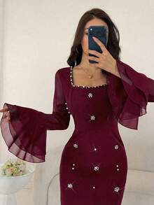 Modelyn 女士春夏黑色长袖串珠雪纺喇叭袖A字连衣裙 - 酒紅色 - 查看 6