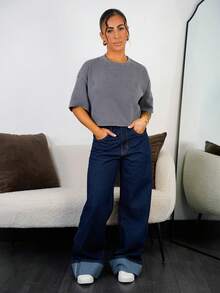 SAYEHFBABY 女士休闲新款时尚经典蓝色直筒牛仔裤，带口袋 - 寶藍色 - 查看 1