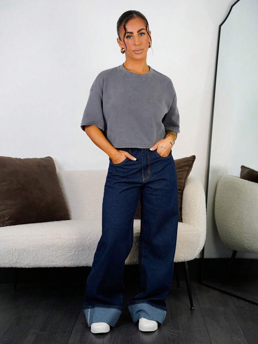 SAYEHFBABY 女士休闲新款时尚经典蓝色直筒牛仔裤，带口袋 - 寶藍色 - 查看 1