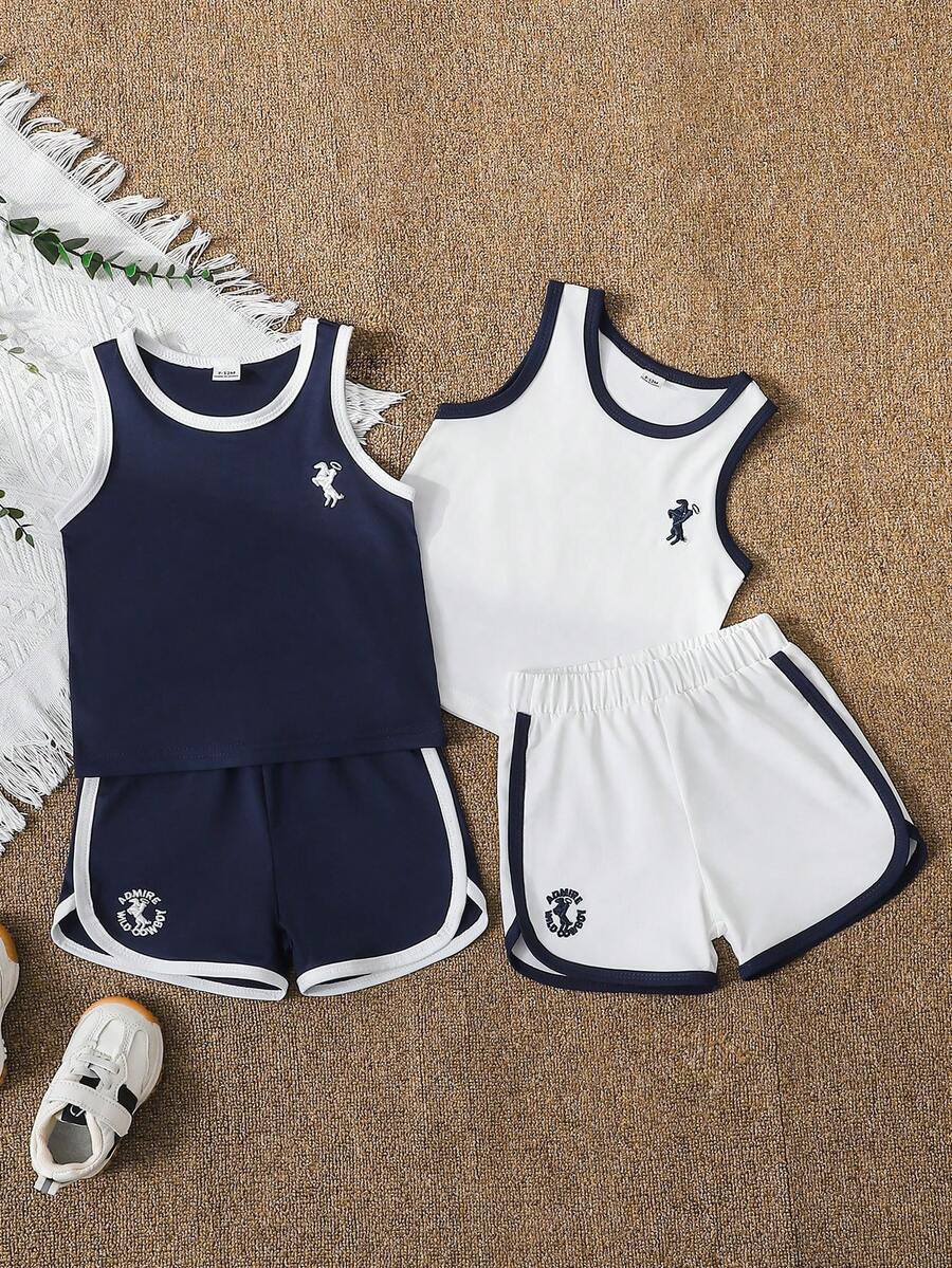 SHEIN 男婴四件套撞色滚边刺绣背心短裤套装，运动风，适合夏季穿着 - 彩色 - 查看 1