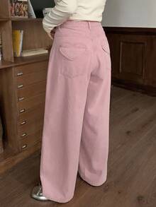 Dazy Plus Quần jeans ống rộng thêu hình trái tim, dáng rộng, thoải mái, size lớn dành cho nữ, phù hợp với mọi mùa - Hồng - Xem 2