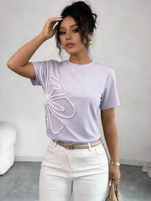Selianne 简约百搭女士短袖T恤，饰有花朵泡泡图案 - 淡紫色 - 查看 5