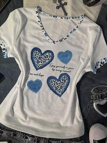 INAWLY T-shirt décontracté à col V avec imprimé léopard et lettres pour femmes - Multicolore - Voir 3