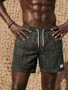 ZELFYO Pantalones cortos de playa para hombre con estampado de palmeras, cintura con cordón y bolsillos - Negro - Ver 4