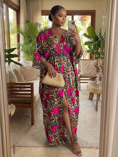 SHEIN Lady Đầm nghỉ mát xẻ tà họa tiết da báo và hoa dành cho nữ cỡ lớn