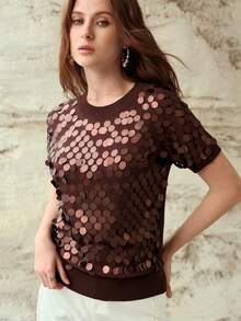 MOTF PREMIUM VERSATILE SEQUIN EMBELLISHED SHORT SLEEVE KNIT PULLOVER - Coffee Brown - View 4