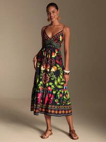 Swim Oasis V-Neck Sleeveless Printed A-Line Fitted Slim Dress - Multicolor - View 4