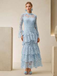 Anewsta 女士优雅褶皱下摆收腰多层蕾丝长袖连衣裙，适合春季、新年、派对、婚礼、时尚、优雅、正式、工作、感恩节、毕业典礼、圣诞节、节日、情人节等场合。 - 淺藍色 - 查看 4
