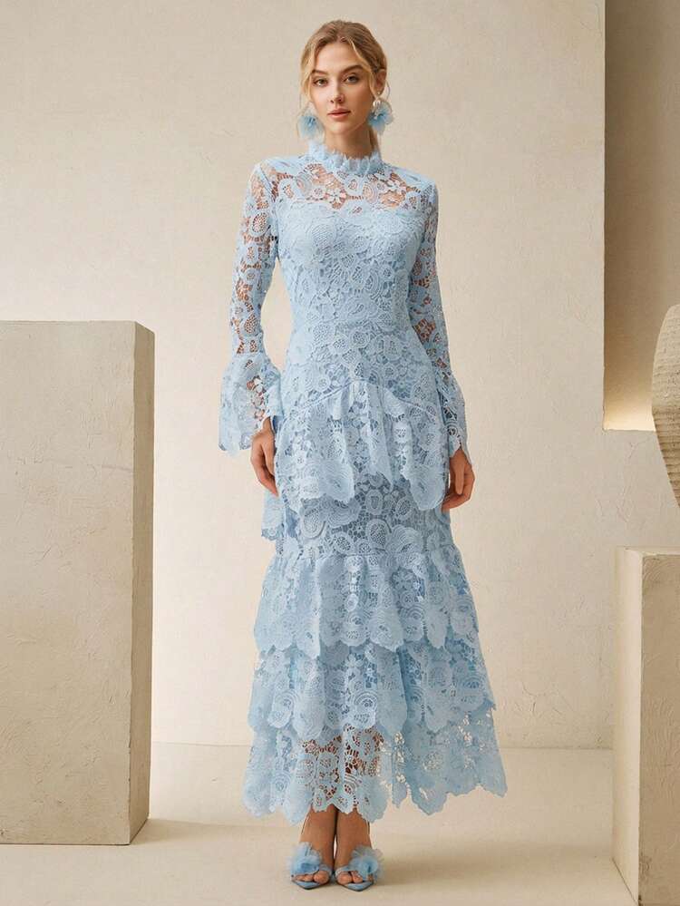 Anewsta Vestido de manga larga con volantes, cintura ceñida y dobladillo con volantes, elegante para mujer, adecuado para primavera, Año Nuevo, fiesta, boda, elegante, estiloso, formal, trabajo, Acción de Gracias, graduación, Navidad, festival, elegante, Día de San Valentín - Celeste - Añade 4