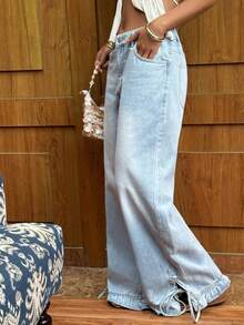 Sunnyshic 女士口袋纽扣休闲百搭日常穿着阔腿牛仔裤 - 藍色 - 查看 3