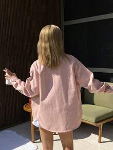 DAZY 女士翻领长袖宽松衬衫，粉色休闲都市度假风，带刺绣装饰牛仔夹克和外套 - 粉色 - 查看 4