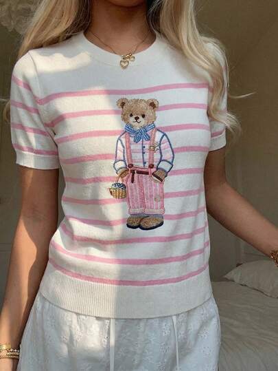 CovetEZ 女士针织条纹小熊印花T恤，小众学院风品牌，爆款小熊系列，超可爱圆领短袖，适合春夏穿着