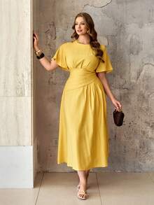 Roveilla Women's Mustard Yellow Summer Elegant Tea Party Dress,French Vintage Chiffon Round Neck Puff Sleeve Cinched Waist Ruched Gown Wedding Guest Dress - Light Yellow - View 5