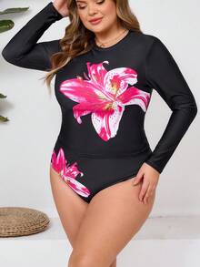 SHEIN CURVE+ Bộ đồ bơi tankini dài tay in hoa dành cho nữ cỡ lớn, thích hợp đi biển, nghỉ mát. - màu đen - Xem 6
