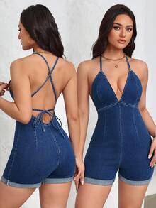 Flexra 女士深V领露背交叉设计性感牛仔连体衣 - 藍色 - 查看 2