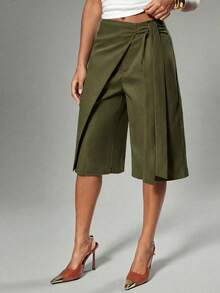 Hauture Quần Bermuda nữ dáng suông, màu trơn, kiểu dáng ôm sát, có chi tiết thắt dây, gợi cảm và thoải mái. - xanh quân đội - Xem 2