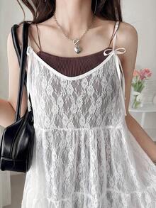 FRIFUL Áo hai dây kẻ caro nữ có dây buộc nơ, kiểu dáng chữ A nhiều lớp phối ghép, thích hợp mặc mùa thu hè. - trắng - Xem 5