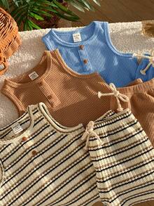 SHEIN 6件套男女宝宝休闲可爱条纹装饰纽扣背心短裤套装，夏季服装，多色 - 彩色 - 查看 6