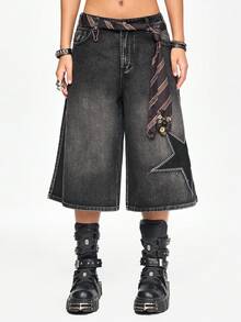 ROMWE Grunge Punk Street Fashion Tie Knot Embroidered Design Low Waist Loose Wide Leg Denim Capri Pants - Grey - View 3