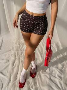 SHEIN EZwear 女士波点印花弹力腰短裤 波点短裤 女士平角内裤 女士短裤 夏季波点短裤 女士休闲短裤 - 棕色 - 查看 5