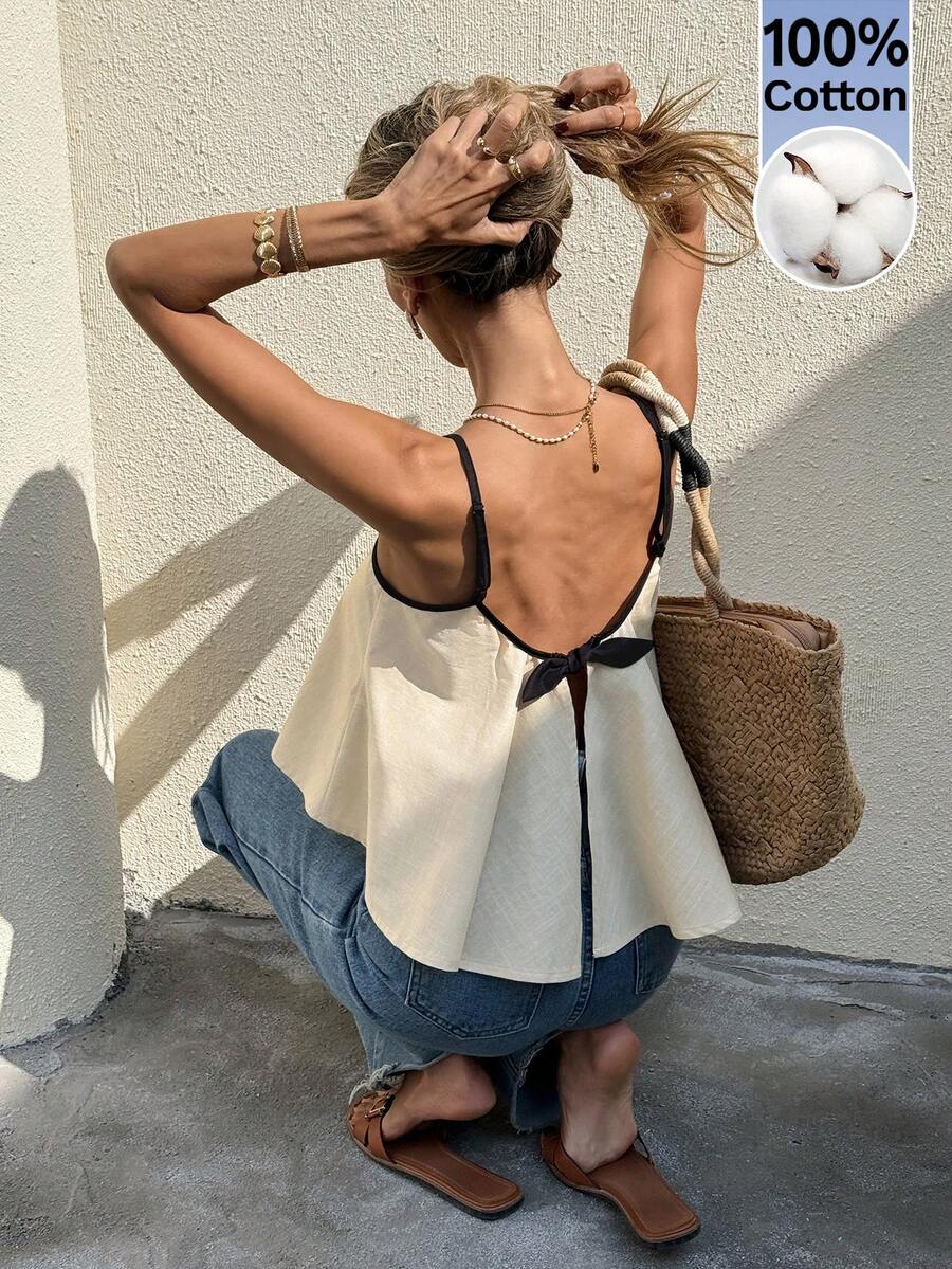 Serisse 女士杏色黑色滚边蝴蝶结吊带背心 - 杏色 - 查看 1