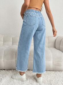 SHEIN Quần jean lửng 3/4 dáng rộng thoải mái cho bà bầu, màu xanh dương, cạp quần màu xám phối nhiều mảnh. - Rửa nhẹ - Xem 2