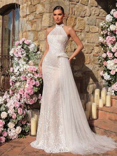 Glamrae Elegant, Luxurious, Romantic Elastic Lace Fabric Halter Neck Sheer Front Panel, Ruched High Waist Slimming Side Exaggerated Mesh Draping Mermaid Tail Train, Suitable For Wedding, Formal Evening Gown, Bridal Dress
