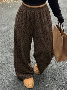 Dazy Plus Plus Size Women Elastic Waist Loose Leopard Print Straight Leg Long Corduroy Pants - Coffee Brown - View 7