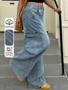 Dazy Plus Washed Blue Distressed Cat Whisker Side Pocket Loose Wide Leg Casual Jeans, All Season - Light Wash - View 9