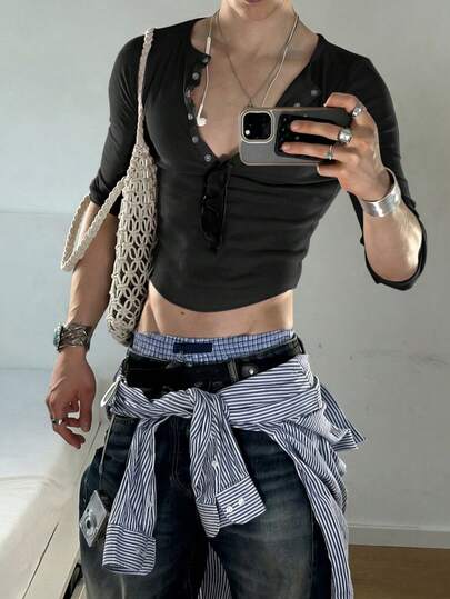 Manfinity Dauomo 男士休闲纯色纽扣设计修身短款T恤