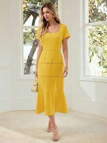 MOTF PREMIUM VESTIDO ELEGANTE DE MANGA CORTA CON FLORES 3D PARA CITAS NOCTURNAS DE MUJER, PRIMAVERA/VERANO - Amarillo - Ver 7