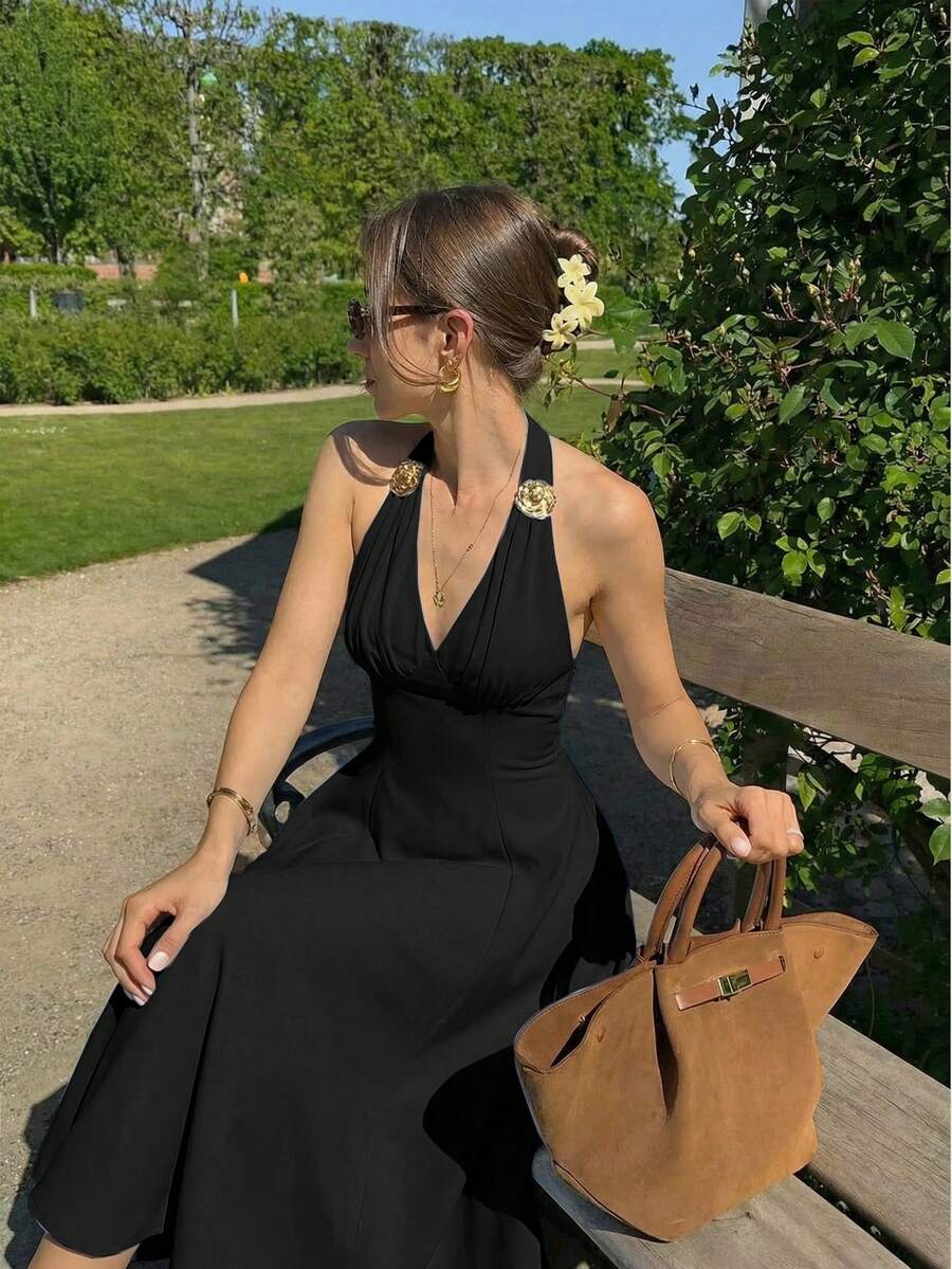 SHEIN MOD 女士优雅露背吊带中长连衣裙,夏季 - 黑色 - 查看 1