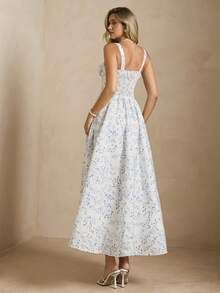 Enchnt 女士度假植物印花系带休闲中长吊带裙 - 藍白色 - 查看 7