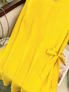 CURVE  de cuello redondo sin mangas con lazo, talla, para mujer. Adecuado para salidas casuales, uso diario y vacaciones - Amarillo - Ver 3