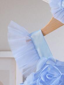 SHEIN Elladie kids 小女孩优雅3D立体花卉刺绣短袖连衣裙，公主裙，适合表演、派对、生日、婚礼等场合。 - 藍色 - 查看 8