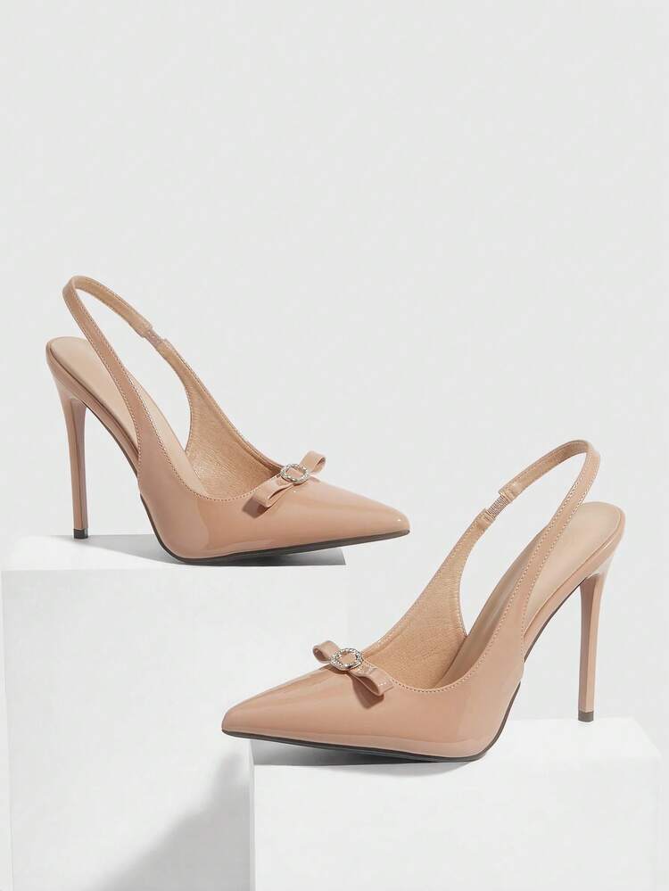 CUCCOO SZL Women Shoes Pointed Stiletto Apricot Bow Diamond Buckle Slingback Women's High Heel Shoes Fashion Sexy Dinner Party Women's Shoes