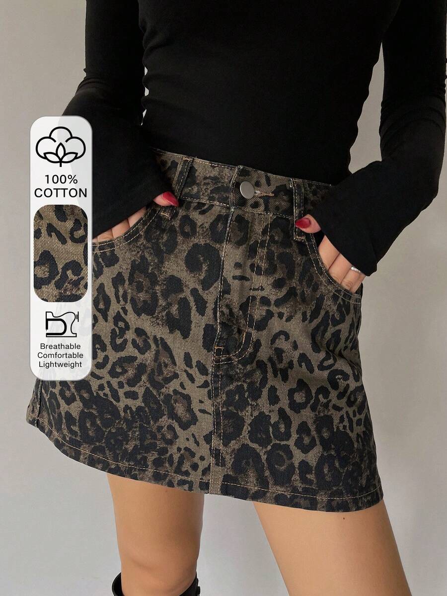 Dazy Tall 高个女式豹纹半身裙，度假风牛仔迷你裙 - 軍綠色 - 查看 1