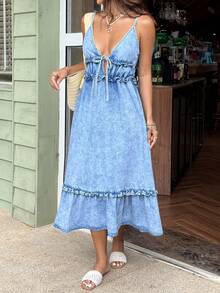 Sunnyshic Women's Sexy Tie Front Ruffle Hem Spaghetti Strap Denim Dress - Blue - View 1