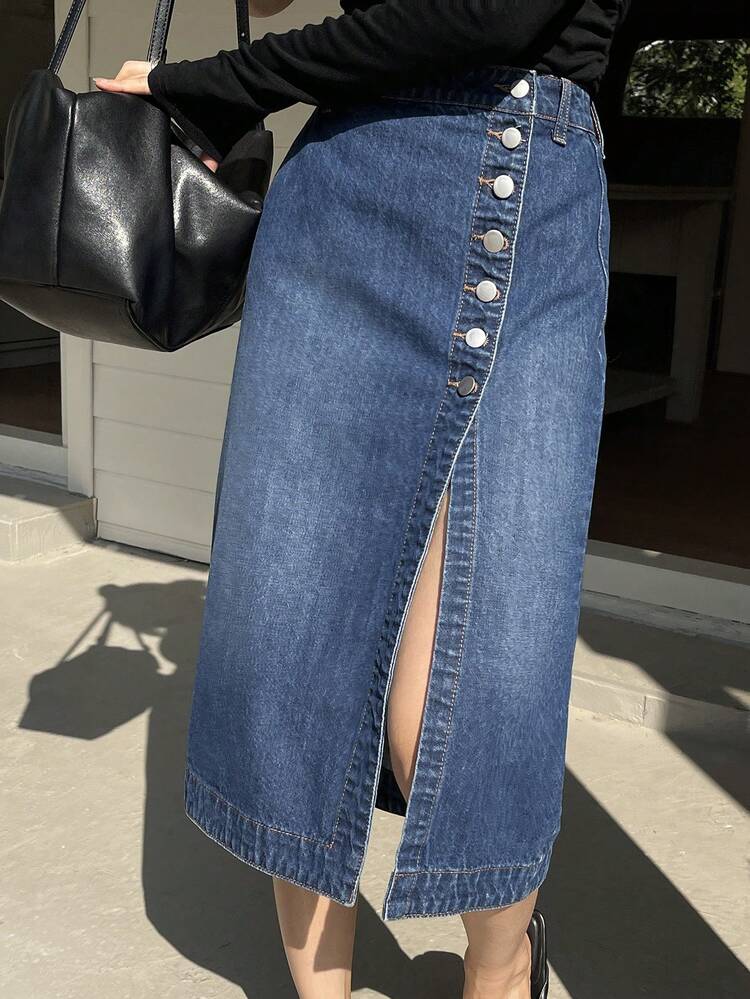 Women's Regular Waist Side Single-Breasted Design Elegant Straight Maxi Casual Denim Skirt