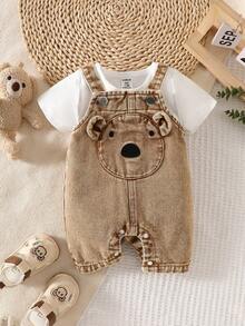 SHEIN Baby Boy Cartoon Graphic 3D Ear Design Denim Romper - Khaki - View 1