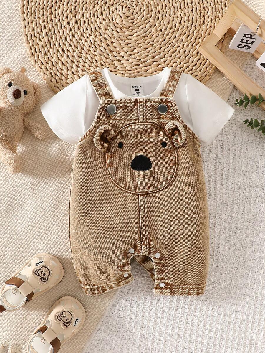 SHEIN Baby Boy Cartoon Graphic 3D Ear Design Denim Romper - Khaki - View 1