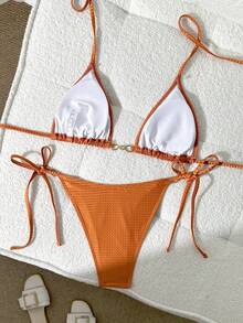 Swim Chiccia Women's Summer Beach Solid Color Knitted Jacquard Fabric Halter Neck Front Metal Connector Decor Triangle Top And Side Tie Matching Metal Connector Accessory Swimsuit Bottoms, Casual Vacation Bikini Set - Orange - View 2