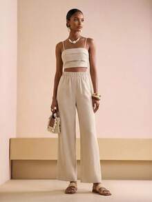 Zivah 2026 Spring/Summer New Music Festival Easter Western Boho Nashville Party Wedding Cocktail Daily Casual Vacation Cruise Beach Elegant Commute Business 2-Piece Set, Spaghetti Strap Ruched Front Backless Top + Wide Leg Pants, Bamboo Fiber Khaki Suit, Women's Outfit - Khaki - View 4