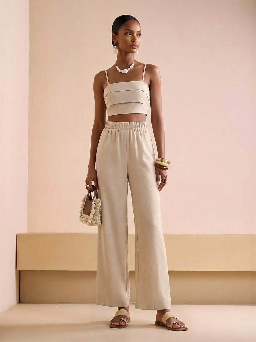 Zivah 2026春夏新款音乐节复活节西部波西米亚风纳什维尔派对婚礼鸡尾酒会日常休闲度假邮轮海滩优雅通勤商务两件套，吊带褶皱露背上衣+阔腿裤，竹纤维卡其色套装，女士服装 - 卡其色 - 查看 1