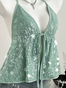 Elamini Women's Sequin Spaghetti Strap Camisole, Sexy Party & Vacation Style, Light Green, Spring/Summer - Mint Green - View 6