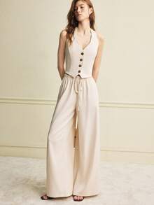 Écloséra Women's Summer Two-Piece Set Beige Chic Vacation Beach Halter Top And Low-Rise Pants Outfits Casual Elegant Commuter Wedding Formal Business Set - Apricot - View 4